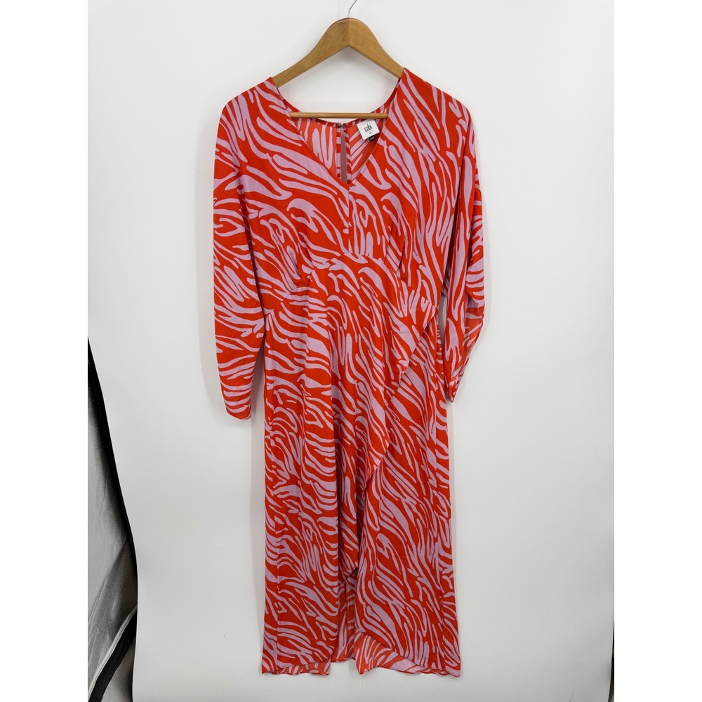 Cabi 5795 Zebra Print Ruffle Midi Dress Women Size M Red Pink Long Sleeve V-Neck